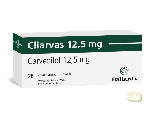 Cliarvas_12-5_Carvedilol_20.png Cliarvas Carvedilol angina de pecho Antianginoso betabloqueante Carvedilol Hipertensión arterial Insuficiencia cardíaca Cliarvas