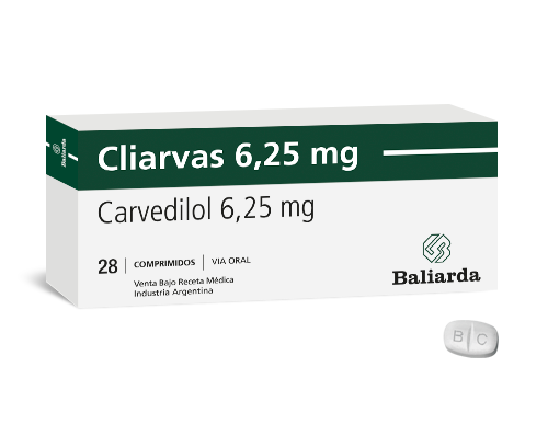 Cliarvas_6-25_Carvedilol_10.png Cliarvas Carvedilol angina de pecho Antianginoso betabloqueante Carvedilol Hipertensión arterial Insuficiencia cardíaca Cliarvas