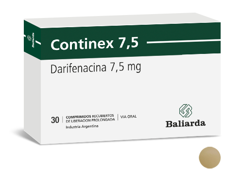 Continex_7-5_Darifenacina_10.png Continex Darifenacina anticolinergico antiespasmódico antimuscarino M3 Continex Darifenacina incontinencia urinaria síndrome de vejiga hiperactiva vejiga irritable